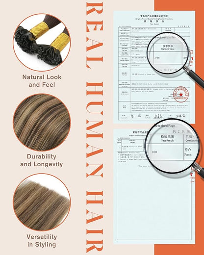 Sunny K Tip Hair Extensions Real Human Hair Balayage Brown with Caramel Blonde Ktip Human Hair Extensions for Women Keratin Hair Extensions Human Hair 14inch 50g