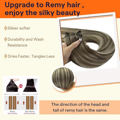 Full Shine Sew In Hair Extensions Weft Hair Extensions Human Hair Color 7/7/800 Ash Brown To Blonde Mix Brown Human Hair Sew in Extensions For Women 105G 24 Inch