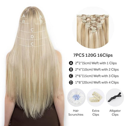 Clip in Hair Extensions Real Human Hair, Silky Remy Hair Extensions Clip Ins, Salon Quality Natural Human Hair, Light Blonde Highlighted Golden Blonde #P16/22 18Inch 120G 7PCS
