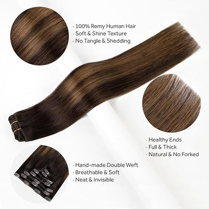 Clip in Hair Extensions Real Human Hair, Silky Remy Hair Extensions Clip Ins, Salon Quality Straight Human Hair for Women, Dark Brown to Chestnut Brown #2TP6/2 16Inch 120G 7PCS