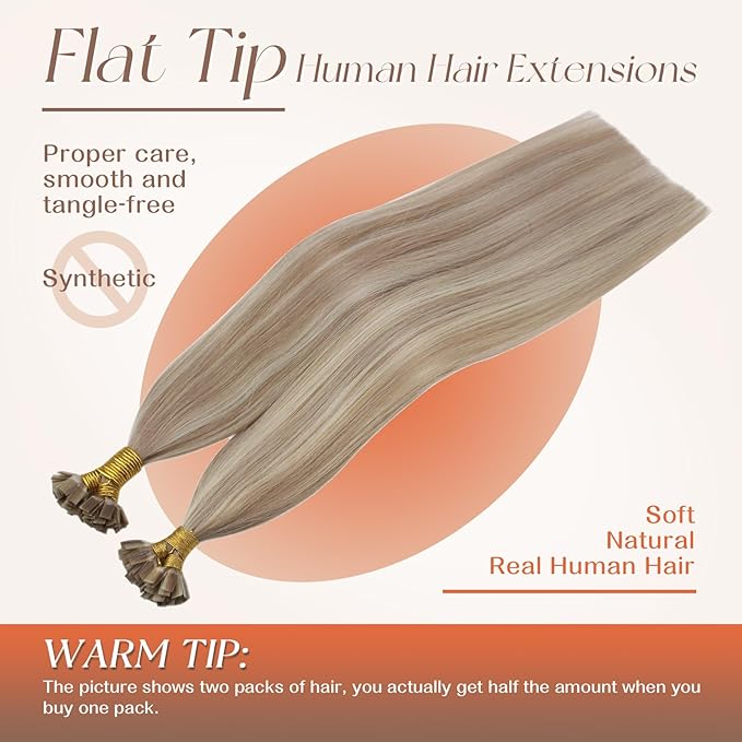 Sunny Hair Flat Tip Hair Extensions Blonde Flat Tip Real Hair Extensions Ash Blonde Mix Bleach Blonde Highlight Hot Fusion Keratin Bond Flat Tip Hair Extensions Silky Straight Long Hair 50g 22inch