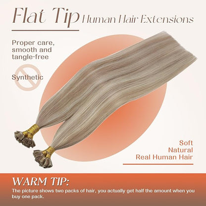 Sunny Hair Flat Tip Hair Extensions Blonde Flat Tip Real Hair Extensions Ash Blonde Mix Bleach Blonde Highlight Hot Fusion Keratin Bond Flat Tip Hair Extensions Silky Straight Long Hair 50g 22inch
