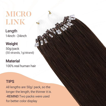 MAXITA Microlink Hair Extensions Human Hair, Chocolate Brown Micro Bead Hair Extensions Virgin Human Hair, 50g/50 Strands/Pack, 22 In