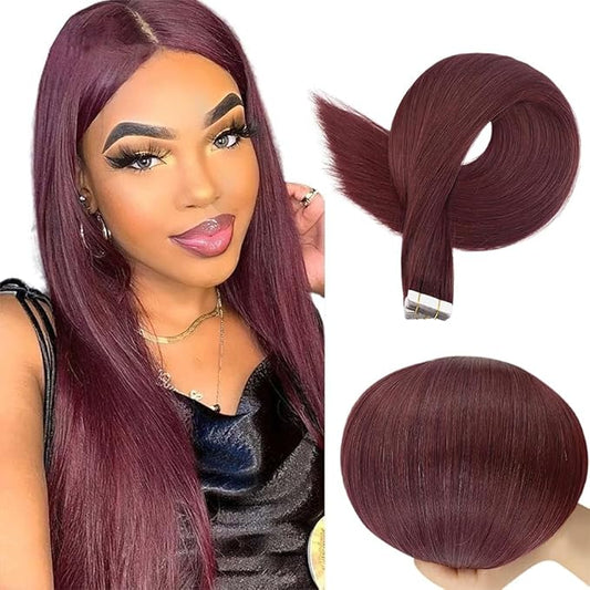 26 Inch Tape In Hair Extensions HuxoWax 99J Straight Hair Extensions Double Weft Invisible Burgundy VirgIn Soft And Silky Remy Hair
