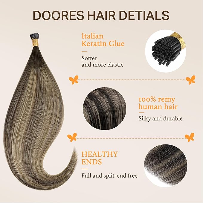 DOORES I Tip Hair Extensions, Balayage Chocolate Brown to Honey Blonde 24 Inch 50g/50s, Invisible I Tips Extensions Cold Fusion Hair Extensions Silky Straight Hair Extensions Itip Extensions