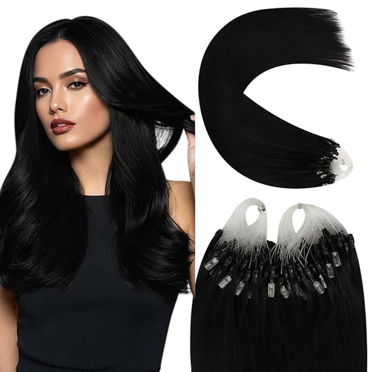YoungSee Micro Beads Hair Extensions Black Microbead Hair Extensions Human Hair Jet Black Bead Hair Extensions for Women 24 Inch Hair Extensions Bead Hair Extensions Real Human Hair Natural 50s 50g
