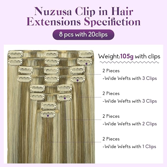 Blonde Clip in Hair Extensions Real Human Hair 8pcs Per Set with Double Weft 100% Seamless Blonde Hair Extensions for Women #8p613 Mixed Bleach Blonde 20inch 105g/3.7oz