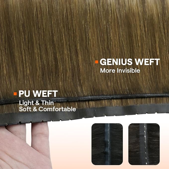 Full Shine Butterfly Weft Hair Extensions Human Hair 24 Inch Invisible Double Side Pu Hole Weft And Genius Weft Extensions Color Dark Brown To Light Brown And Blonde Bundles 100G