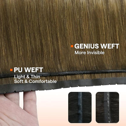 Full Shine Butterfly Weft Hair Extensions Human Hair 24 Inch Invisible Double Side Pu Hole Weft And Genius Weft Extensions Color Dark Brown To Light Brown And Blonde Bundles 100G