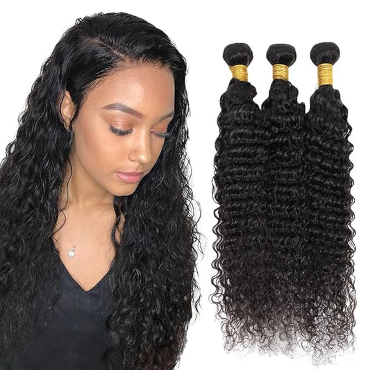 #1B Human Hair Bundles Deep Wave Bundles 24 24 24 Inch Unprocessed Brazilian Virgin Hair Weave 3 Bundles 50 Grams Per Bundle Natural Color Bundle Human Hair Extensions