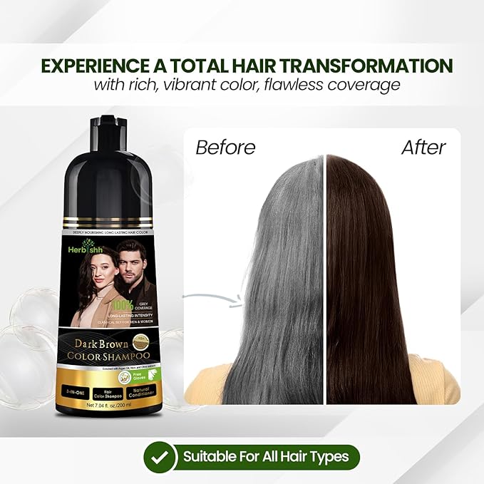 Herbishh Dark Brown Shampoo, Hair Dye Shampoo 3 in 1, 100% Grey Coverage, Hair Color for Men & Women, Long-lasting Color in 20-25 Mins, Ammonia-free, 200 ml