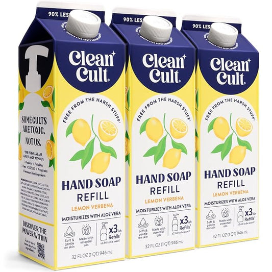 Cleancult Liquid Hand Soap Refills - Lemon Verbena - Moisturizes Dry & Sensitive Skin - Made with Aloe Vera & Essential Oils - Eco Friendly - Paper-Based Packaging - 32 oz/3 Pack