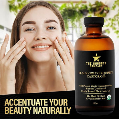 The Goodbye Company Black & Gold Castor Oil Blend – USDA Organic, Cold-Pressed & Unrefined – Pure Hexane-Free Oil for Hair, Skin, Body, Eyelashes & Eyebrows