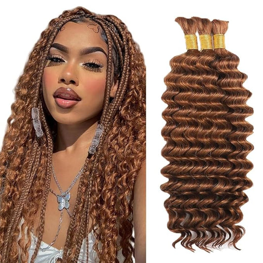 #30 Brown Human Braiding Hair Deep Wave Bulk 32 32 32 Inch Human Hair Weave 3 Bundle Unprocessed Brazilian Virgin Hair Light Brown Deep Curly Braiding Hair Extensions 50 Grams/Bundle
