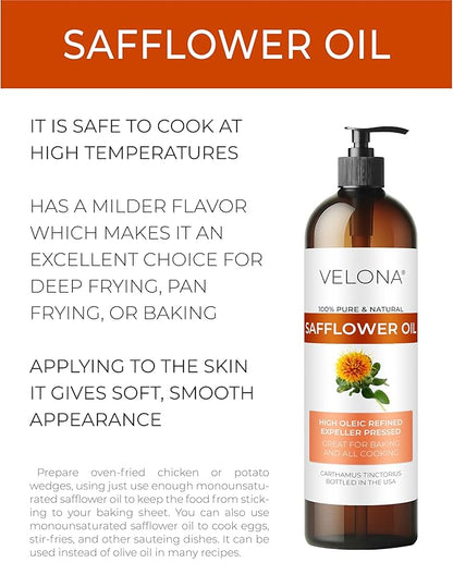 velona Safflower Oil 8 fl oz | 100% Pure and Natural Carrier Oil | Refined, Expeller Pressed | Cooking, Skin, Hair, Body & Face Moisturizing | Use Today - Enjoy Results