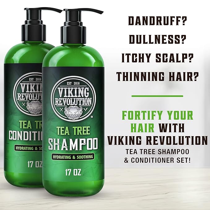 Viking Revolution Tea Tree Shampoo and Conditioner Set - Hydrates, Moisturizes & Soothes Dry and Itchy Scalps - With Natural Tea Tree Oil - 17 oz