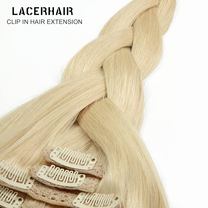 Lacer Hair Extensions 20 Inch Clip in Human Hair LacerHair Thick Lace Clip in Hair Extensions 7pcs Remy Human Hair Platinum Blond Silky Invisible PU Weft 140g