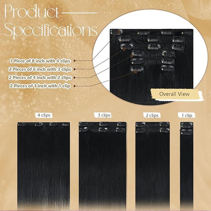 Clip in Hair Extensions Real Human Hair 75g #1 Jet Black Human Hair Extensions 15 Inches 7pcs Natural Straight Silky Black Hair Clip Ins for Black Women 75g #1