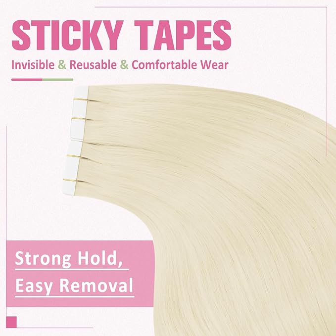 YoungSee Tape in Extensions Platinum Blonde Hair Extensions Tape in Blonde Hair Extensions Real Human Hair Tape in 20 Inch 50g Blonde Tape Extensions 20pcs Invisible Tape in Hair for Wedding