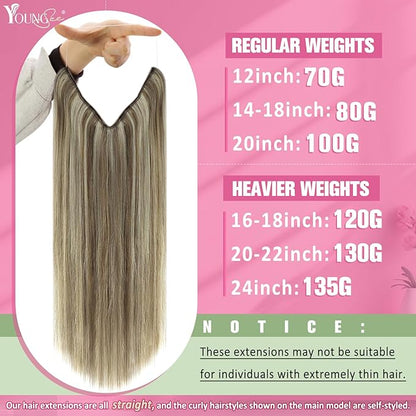 YoungSee Wire Hair Extensions Human Hair Highlight Human Hair Wire Extensions Light Brown Highlights with Blonde Smooth Wire Real Hair Extensions Personalized Customization Hair Extensions 16In 80G