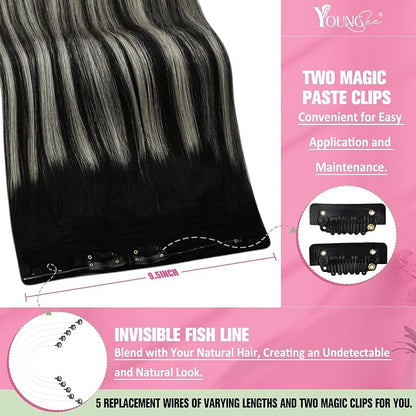 YoungSee Wire Hair Extensions Real Human Hair Ombre Secret Wire Human Hair Extensions Blend of Black and Silver with Black Roots Natural Hair Extensions Human Hair Silky Smooth Hair Extension 14In 80G