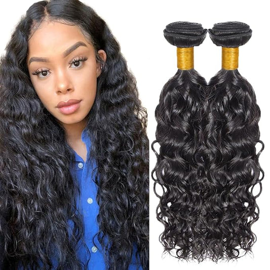 #1B Human Hair Bundles Water Wave Bundles 20 22 Inch 2 Bundles Unprocessed Brazilian Virgin Hair Weave 50 Grams Per Bundle Water Wave Bundle Human Hair Extensions Natural Color