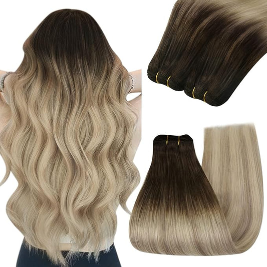 YoungSee 24Inch Weft Hair Extensions Real Human Hair Ombre Blonde Sew in Hair Extensions Dark Brown Base with Medium Ash Blonde and Light Blonde Highlights Hair Extensions Real Human Hair Weft 100G