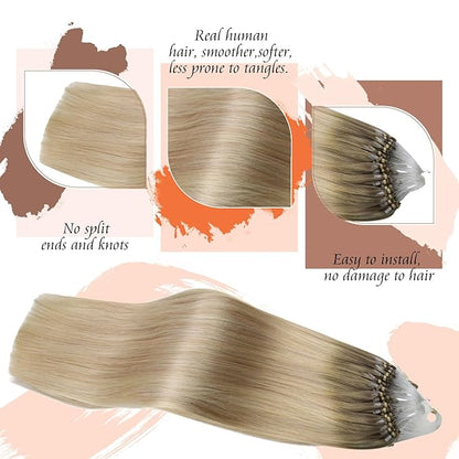 Sunny Hair 22inch Micro Link Hair Extensions Human Hair Soft Micro Bead Hair Extensions Human Hair Sunshine Blonde Micro Ring Ash Blonde Balayage Platinum Blonde with Highlight 50G