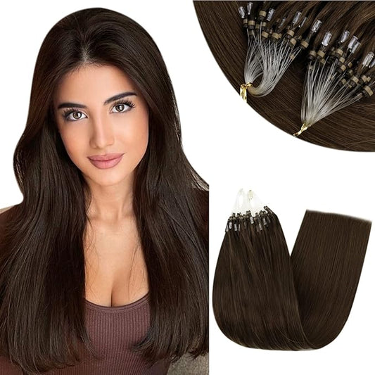 RUNATURE Real Hair Micro Loops Extensions Dark Brown Pre Bonded Human Hair Extensions Micro Rings Brown Microbeads Hair Extensions Human Hair 22 Inch 50g/50s