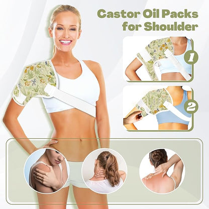 12 Pcs Castor Oil Pack Wrap, Reusable Castor Oil Pack Kit Organic Cotton for Shoulder Hands Neck Waist Chest Knees and Feet, Adjustable Compress Pads for Entire Body, Machine Washable(Green)