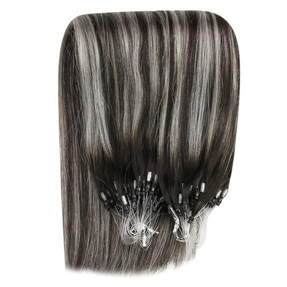 YoungSee Microbead Hair Extensions Ombre Microlinks Hair Extensions Human Hair Balayage Black with Silver Bead Hair Extensions for Short Hair 14 Inch 50g 50s Micro Hair Extensions for Women