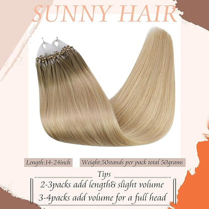 Sunny Hair 22inch Micro Link Hair Extensions Human Hair Soft Micro Bead Hair Extensions Human Hair Sunshine Blonde Micro Ring Ash Blonde Balayage Platinum Blonde with Highlight 50G