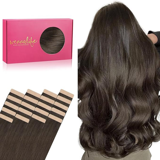 WENNALIFE Tape in Hair Extensions Human Hair, 20pcs 50g 22 inch Cool Dark Brown Remy Hair Extensions Straight Human Hair Tape in Extensions Skin Weft Tape Extensions