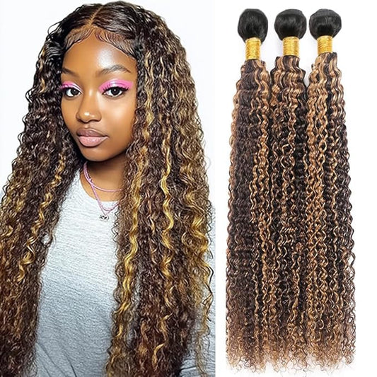 P427 Bundles Human Hair Highlight Deep Curly Bundles Ombre Honey Blonde Two Tone Brazilian Human Hair Extensions Soft and Silky for Black Women 14 16 18 Inch