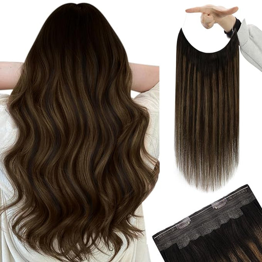 YoungSee Wire Extensions Balayage Straight Real Hair Wire Extensions Balayage Darkest Brown to Medium Brown Headband Wire Hair Extensions Real Human Hair Brown Silky Smooth Hair Extensions 18In 80G
