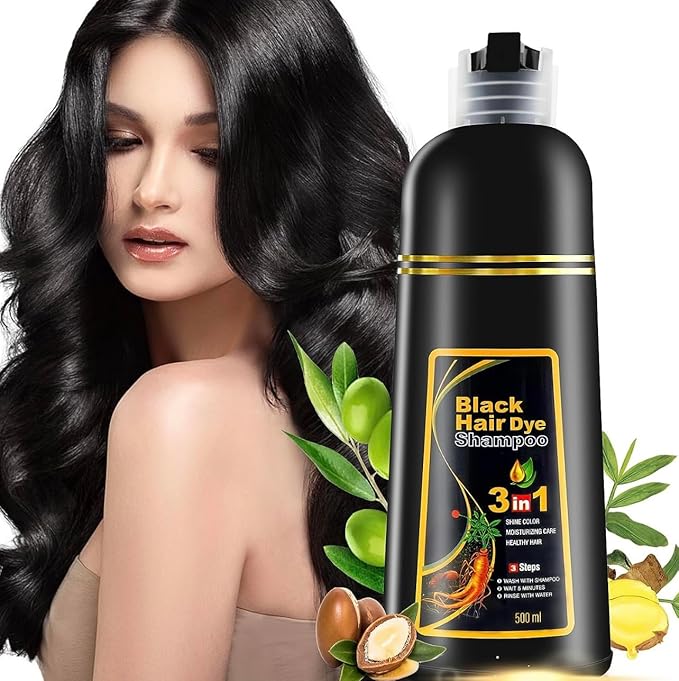 500ML Permanent Black Hair Color Dye Shampoo - Organic Natural Plant Essence for Women & Men, Covers Gray/White Hair, Instant 3-in-1 Hair Colouring Herbal Shampoo, 17 Fl Oz (BLACK)