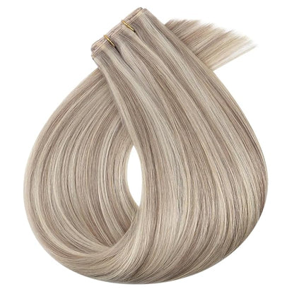 Full Shine Butterfly Weft Hair Extensions Human Hair Color P18/613 Ash Blonde Highlight Bleach Blonde Double Side Genius Weft Extensions Pu Hle Weft For Women 100 Grams 18 Inch