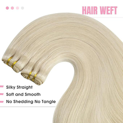 YoungSee Weft Human Hair Extensions Blonde Sew in Real Hair Extensions Platinum Blonde Soft and Silky Sew in Weft Human Hair Extensions 24Inch 100G
