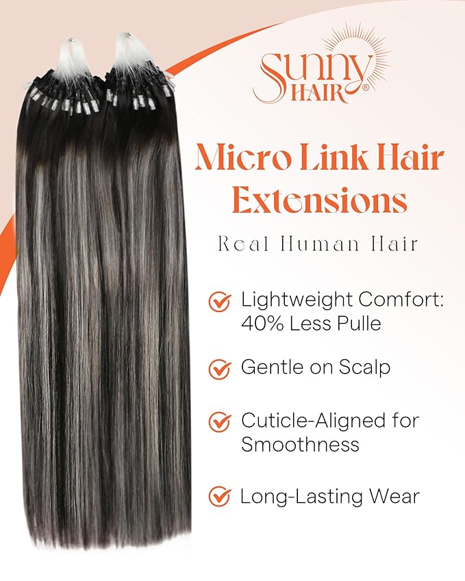 Sunny Hair Microlink Hair Extensions Human Hair Black Balayage Micro Bead Hair Extensions Real Human Hair Soft Micro Loop Extensions Off Black to Silver Mix with Black Rooted 18inchh 50g