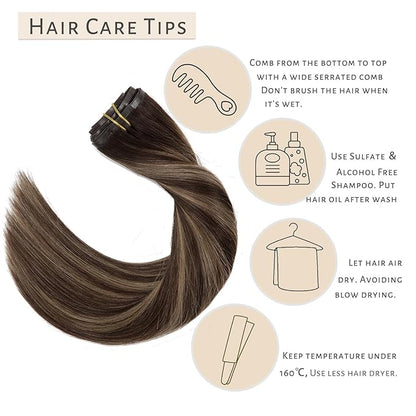 Caliee Seamless Hair Extensions Human Hair 20Inch Technology Invisi-PU Weft Clip in Hair Extensions R2-2-6 Chestnut Brown Mixed Dark Brown Thick Soft Silky Straight Hair Extensions for Women 110G 7Pcs