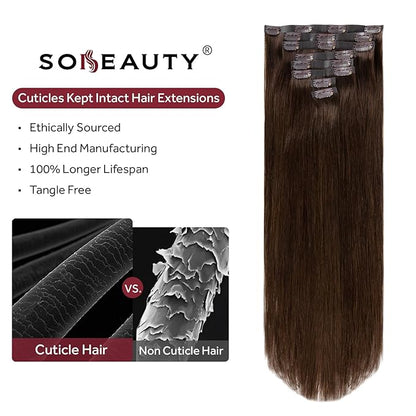 Clip in Hair Extensions Real Human Hair Chocolate Brown Seamless Clip In 100% Straight Remy Hair Extensions PU Skin Weft Add Volume for Women #4A 20Inch 120G 8PCS