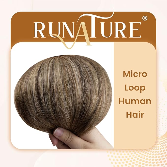 RUNATURE Microlinks Humam Hair Extensions for Women Silky Brown Highlight Blonde 16 Inch Micro Beads Remy Hair Extensions Natural Pre Bonded Micro Loop Real Human Hair Extensions Straight 50g 50 Strands