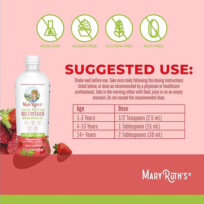 MaryRuth Organics Liquid Morning Multivitamin Essentials+ | Vitamin A C D E B6 B12 Biotin Zinc | Men's & Women's | Immune Support | Beauty | Sugar Free | Vitamins for Ages 1+ | Vegan | 32 Fl Oz