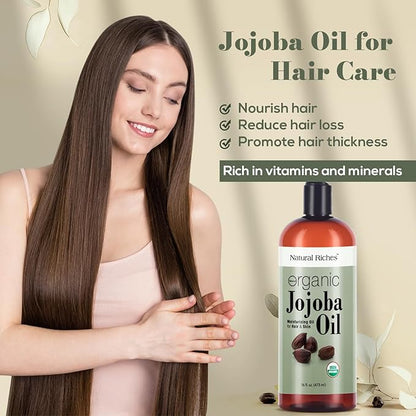 Natural Riches Organic Jojoba Oil, Pure (16 oz) | Moisturizing Oil for Face, Hair, Skin & Nails Cold Pressed Hexane Free Base Carrier oil.