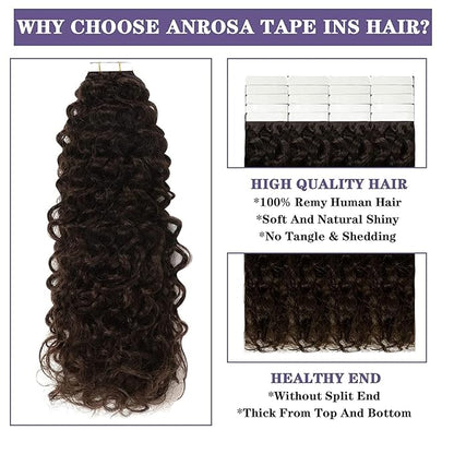 Anrosa Tape in Hair Extensions Human Hair Black Women 10A New Version Glam Seamless Jerry Curly Human Hair Darkest Brown #2 Natural 3B 3C Tape in Hair Extensions Human Hair 20 Pcs 50g