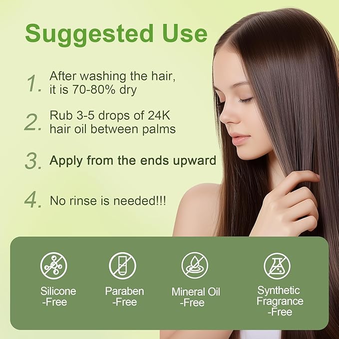 24K Gold & Argan Hair Oil Treatment – 100% Plant-Based Extract, Nourishes & Strengthens, Boosts Shine & Controls Frizz, Non-Greasy Formula for All Hair Types, 1.69 fl oz