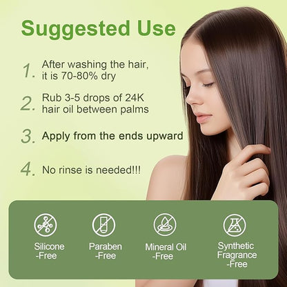 24K Gold & Argan Hair Oil Treatment – 100% Plant-Based Extract, Nourishes & Strengthens, Boosts Shine & Controls Frizz, Non-Greasy Formula for All Hair Types, 1.69 fl oz