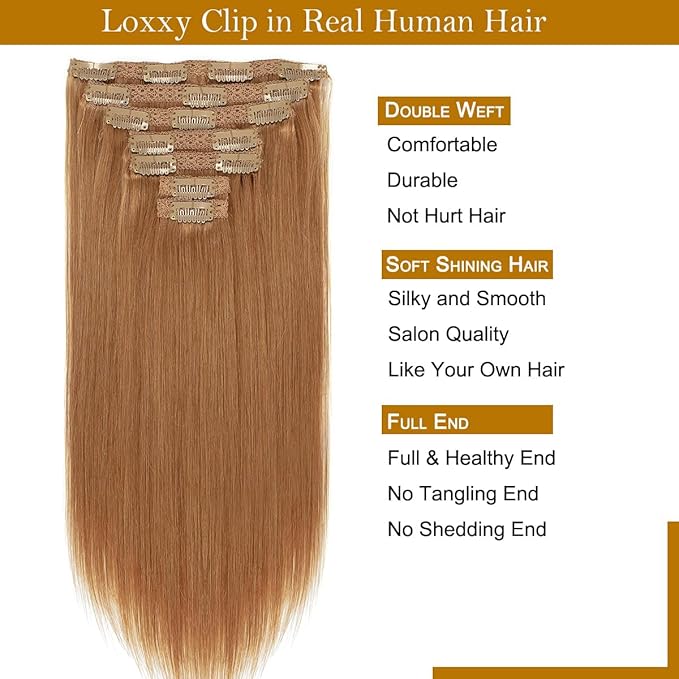 Loxxy Real Hair Extensions Clip in Human Hair Auturn Blonde Hair Clip in Extensions Double Weft Brazilian Remy Human Hair Clip ins #30 Blonde Clip in Extensions 14 Inch 7pcs 120g 16 Clips