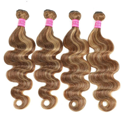YISEA Ombre P4/27 Body Wave Bundles Human Hair （22 24 26 28 inch） 12A Highlight Dark Brown with Honey Blonde Mix Human Hair Body Wave Bundles Sew-In for Black Women Silky and Soft