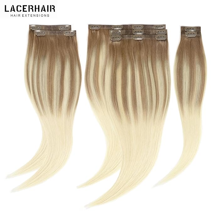Lacer Hair Extensions Clip in Human Hair 16inch Light Brown Fading to Platinum Blonde 100% Human Hair Clip in Hair Extensions 7pcs 110g with 16 Clips Real Remy Human Hair